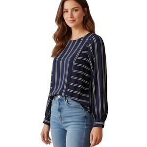 Express Women's Striped Blouse Size M Blue & White Dolman Long Sleeve Slit Back